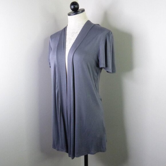 New B'Leev Juniors L Mesh Floral Back Draped Open-Front Short Sleeve Cardigan - Picture 5 of 9